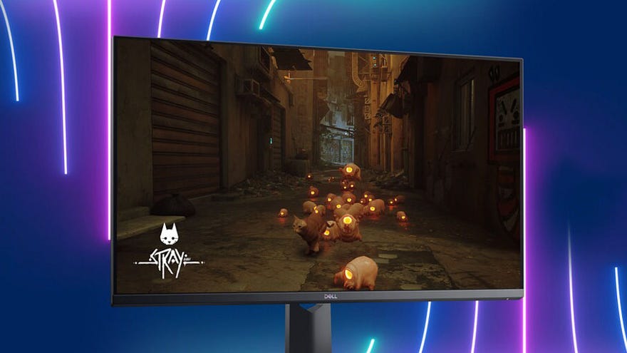 a dell gaming monitor, specifically the G3223Q, shown with a screenshot of the game stray