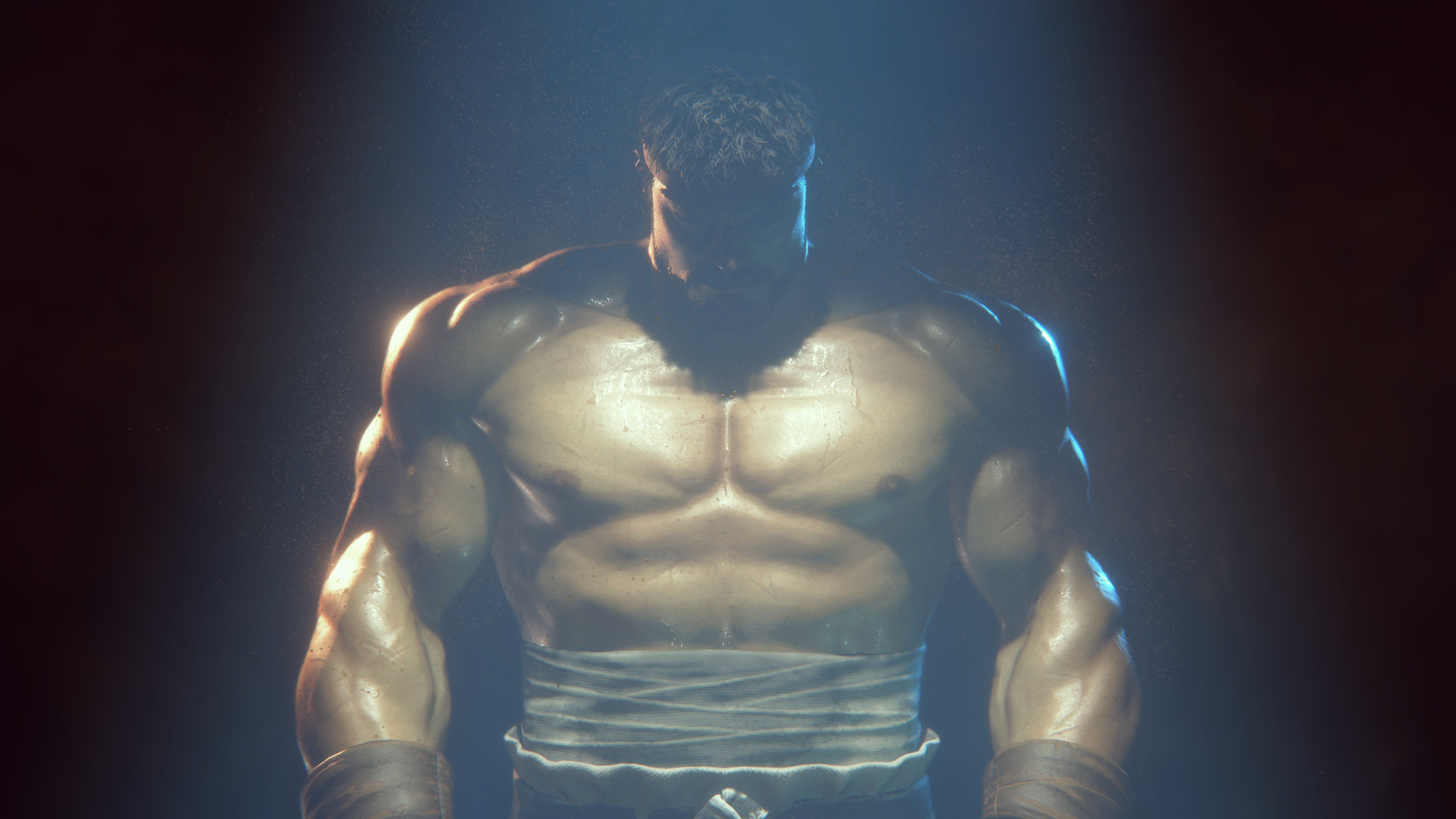 A sweaty Ryu stands in shadow in Street Fighter 6&rsquo;s announcement trailer.