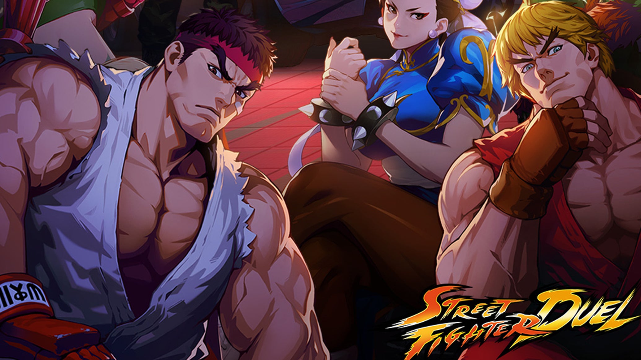 Artwork for Street Fighter Duel showing iconic characters Ken, Ryu and Chun-Li. - 1