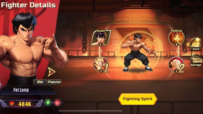 Street Fighter Duel character stats screen for Fei Long.