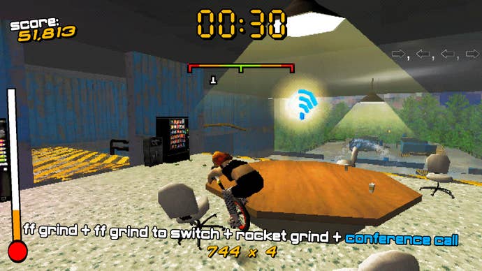A unicyclist doing tricks around a boardroom table in STREET UNi X, a PS1-style sports sim.
