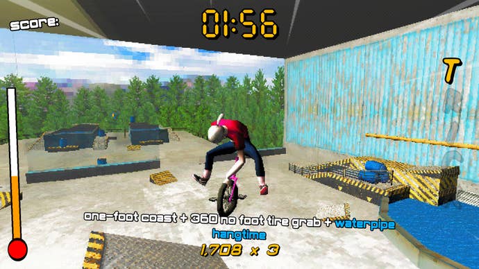 A unicyclist doing a big jump around an obstacle course framed by shipping crates with landscapes painted on them, from PS1-style sports sim STREET UNi X.