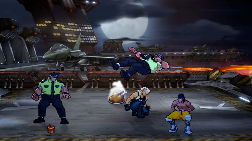 A screenshot of Streets Of Rage 4’s Mr. X Nightmare DLC depicting a new playable character crouching next to a cooked chicken on a military base.