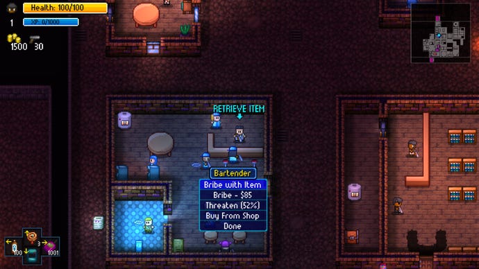 A bartender offers the player service in Streets Of Rogue.