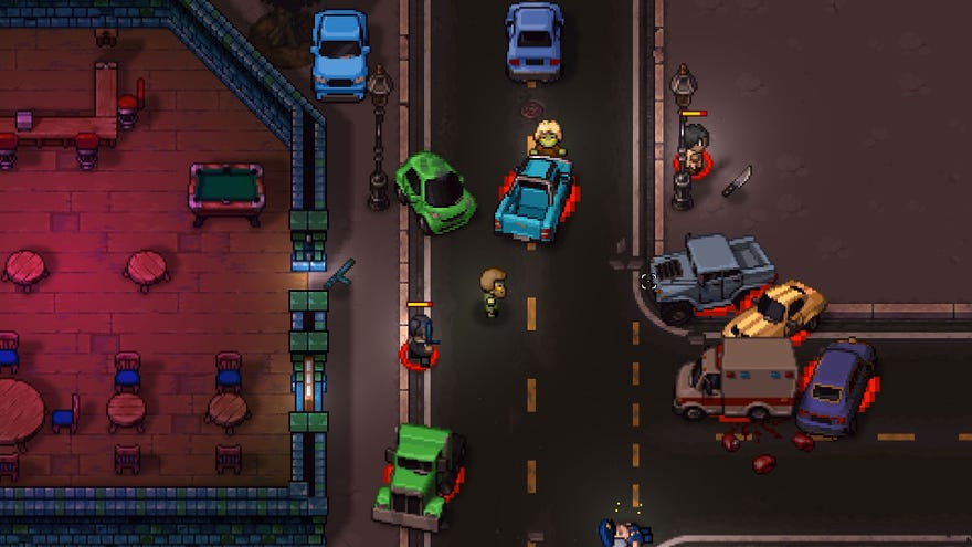 Cars pile up in a bloody road accident in Streets of Rogue 2.