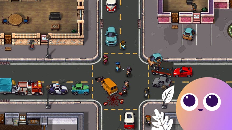 A traffic jam piles up at a crossroads where a violent misdeed has occurred in Streets Of Rogue 2.