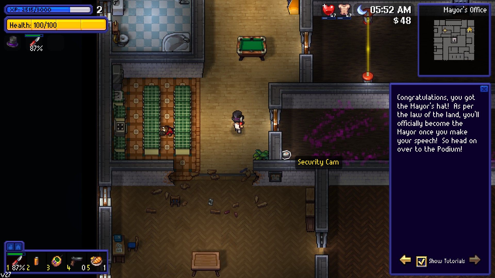 The player stands nearby the knocked-out body of the city mayor, and a hole in a nearby wall. - 4