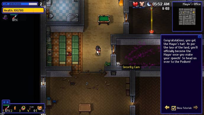 The player stands nearby the knocked-out body of the city mayor, and a hole in a nearby wall.