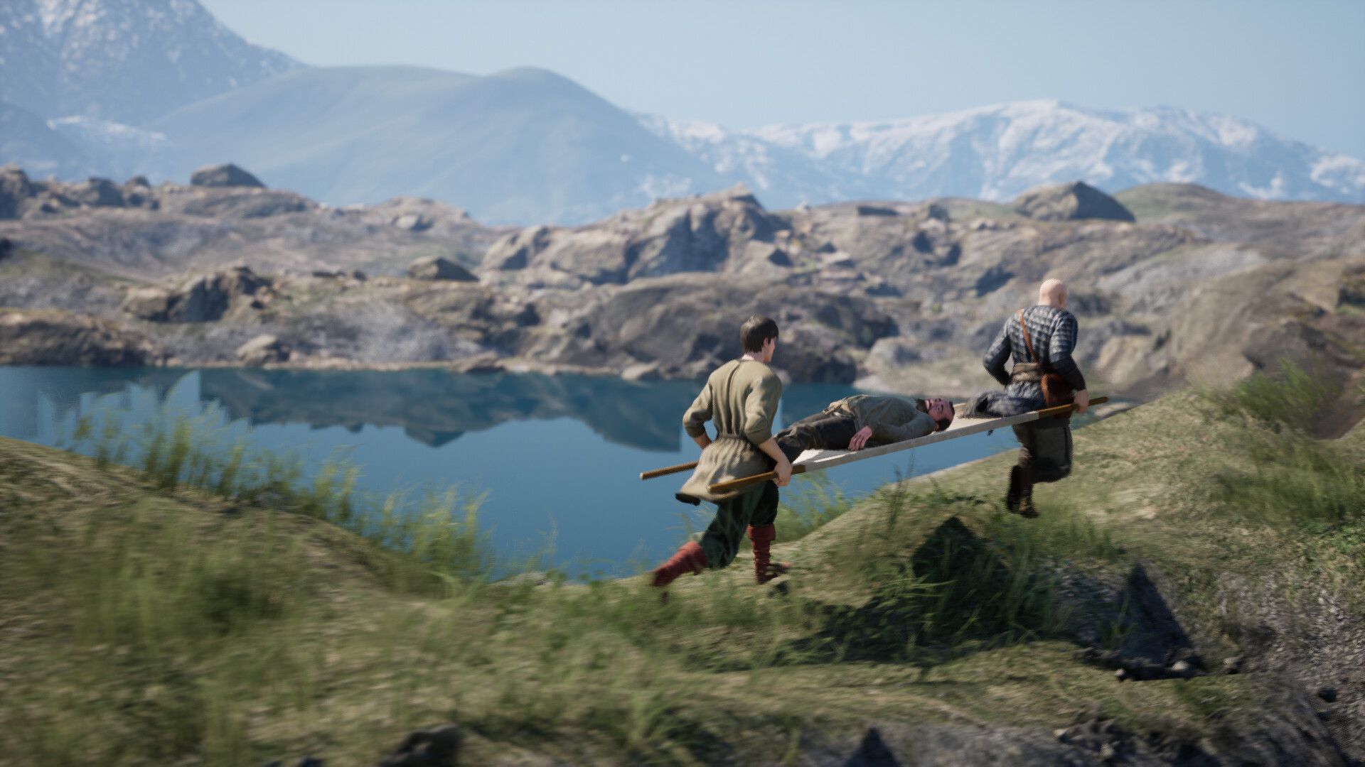 Two peasants with a stretcher transport a sick man across a green, hilly landscape. - 1