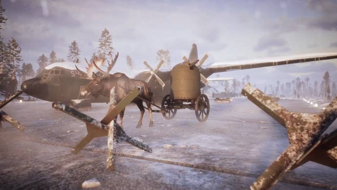 A moose with a portable mini-tank attached to it in Striden.