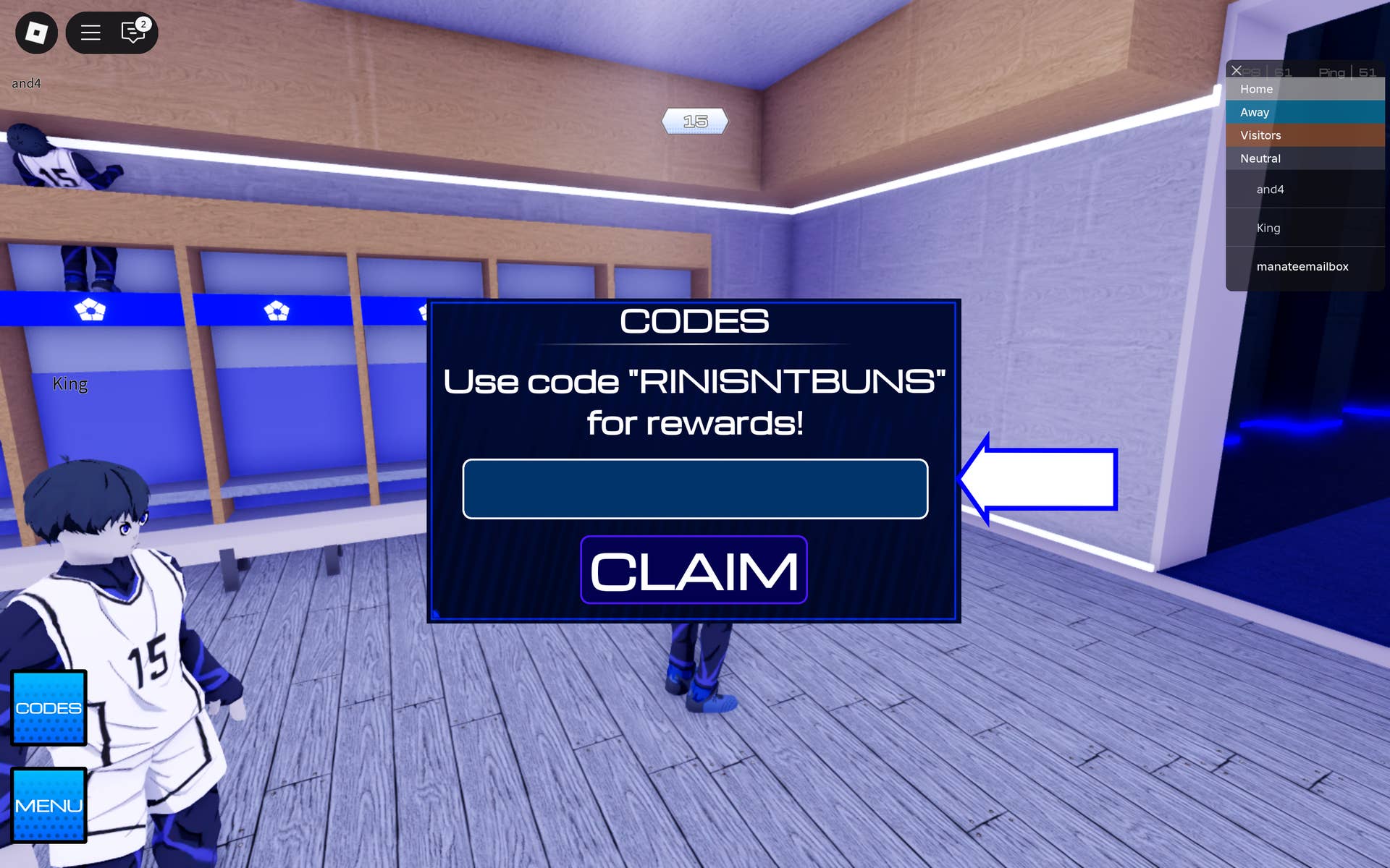 Uma captura de tela do Strika no Roblox mostrando a página Códigos do jogo.