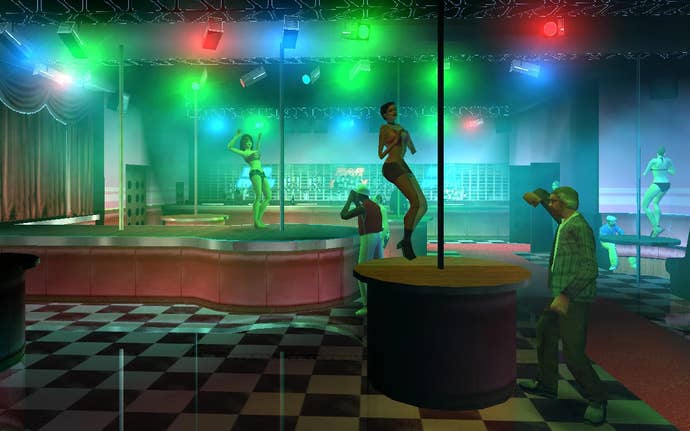The inside of a strip club in GTA 5; neon lights, semi-naked women, and customers ogling the dancers.