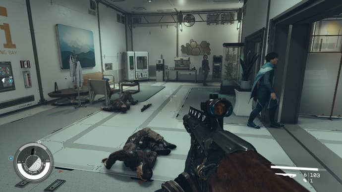 A scene from inside a shipyard in Starfield, with dead guards in the foreground.