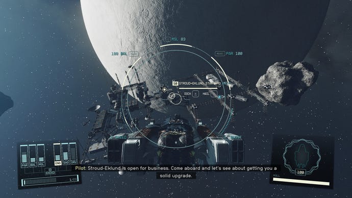 The player’s ship approaching an orbital shipyard in Starfield.