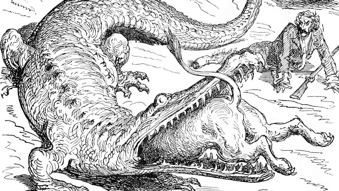 A black and white woodcut illustration of a giant crocodile with an like half stuck inside it - 1