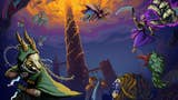 Concept art for Slay the Spire 2 showing multiple characters before a glowing spire reaching into the purple sky