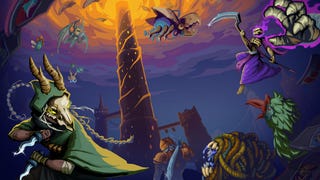 Concept art for Slay the Spire 2 showing multiple characters before a glowing spire reaching into the purple sky