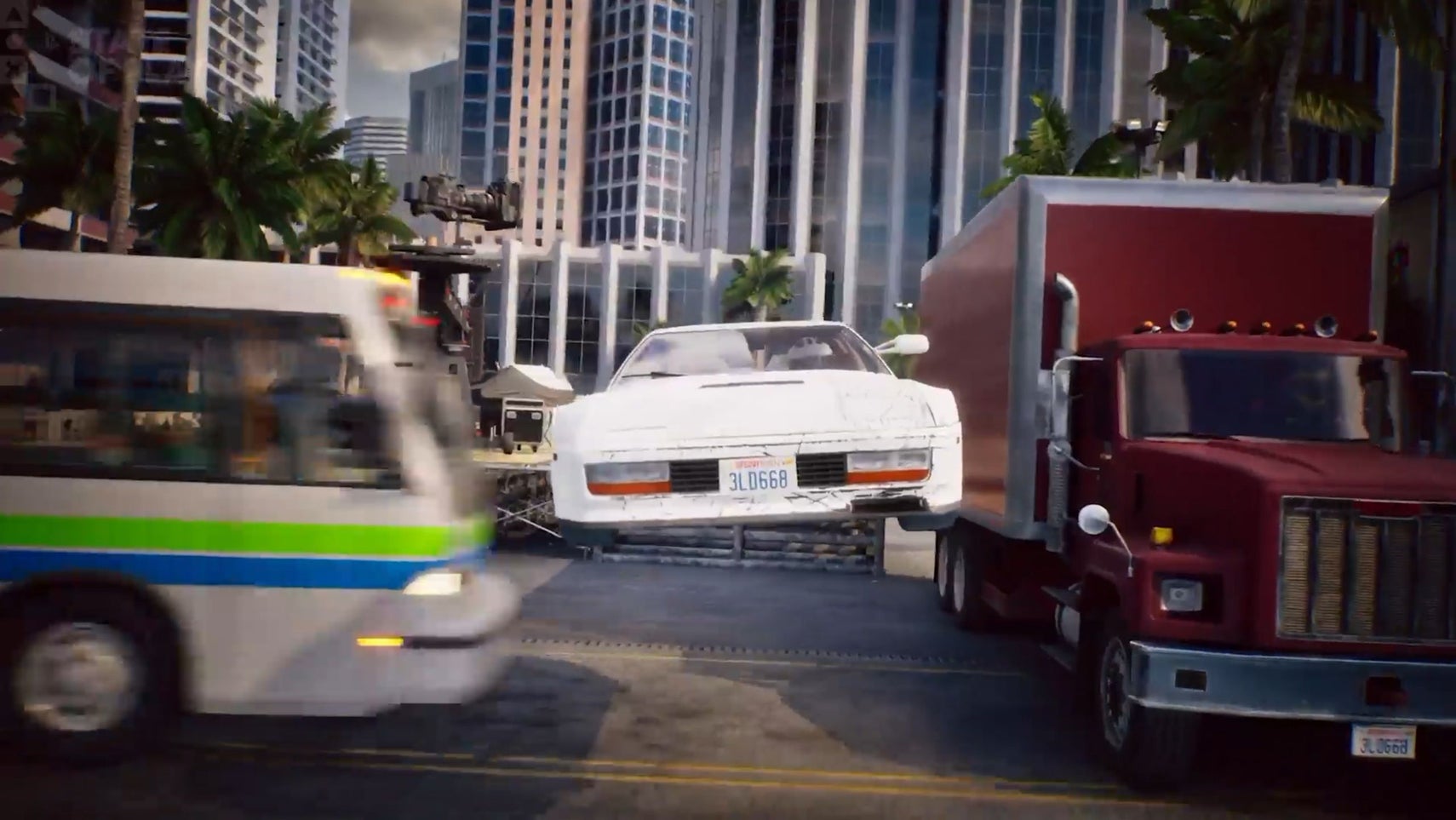 Stuntman Hollywood screenshot from announcement trailer, showing white car doing jump.