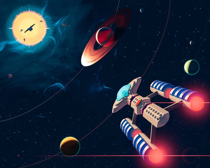 Concept art for The Ur-Quan Masters 2 by Caleb Worcester showing a spaceship in the bottom-right, headed through a solar system toward a formation of other ships in the top left, their silhouettes visible against the system's sun.
