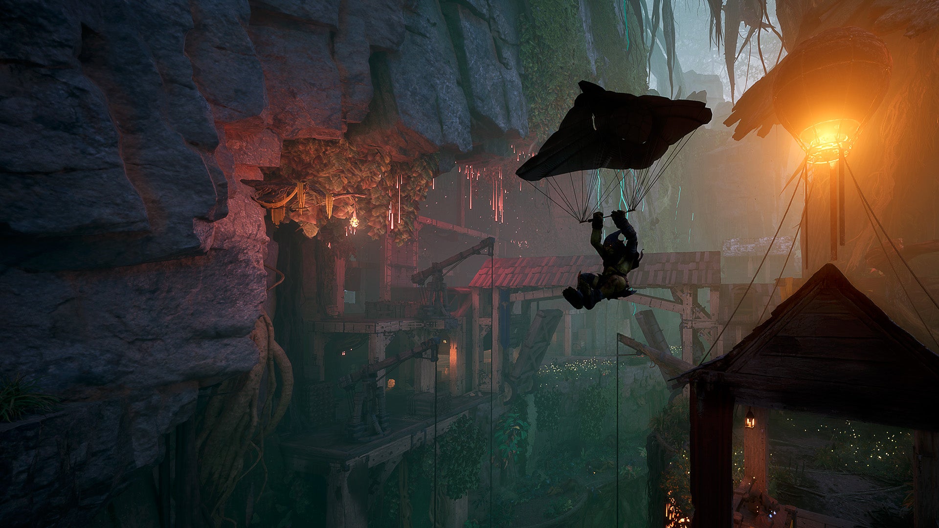 A goblin is using a glider to fly away from a suspicious den in Styx: Blades of Greed. - 1