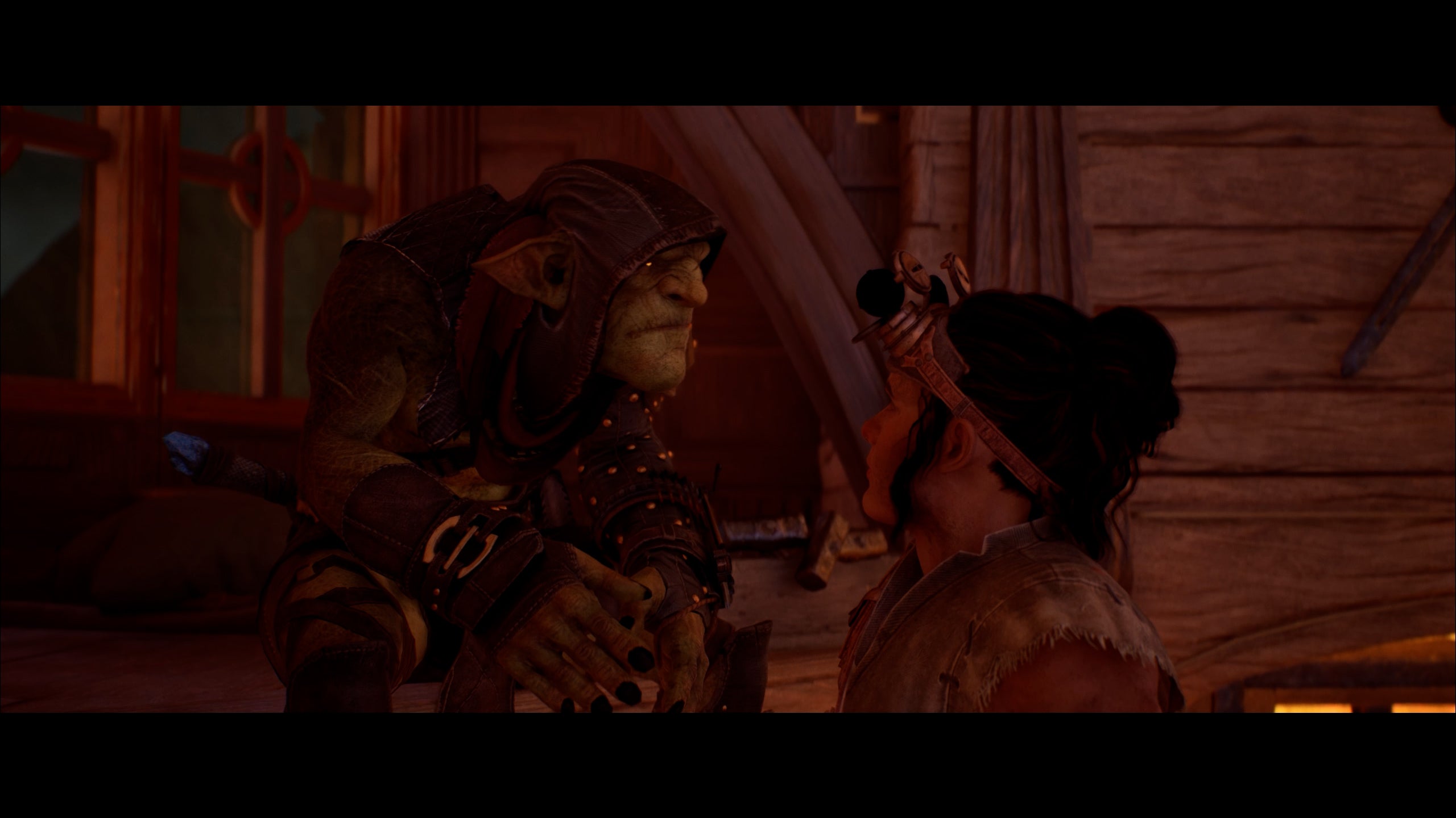 Styx and his dwarven companion converse during a cutscene
