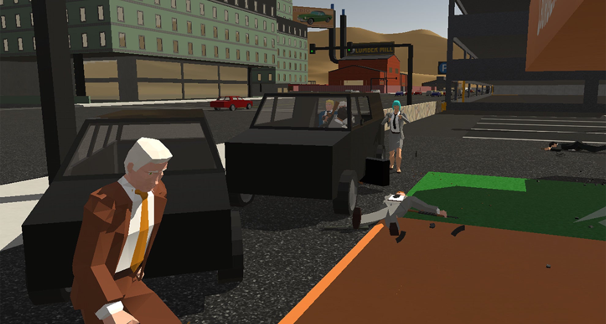 A screenshot of Sub Rosa, showing a man crouched behind the back of a car while slightly beyond him a body lies on the ground next to three other players, two of whom are inside a different car.