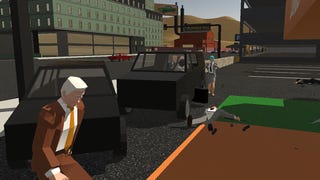 A screenshot of Sub Rosa, showing a man crouched behind the back of a car while slightly beyond him a body lies on the ground next to three other players, two of whom are inside a different car.
