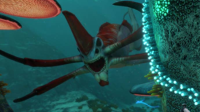 A leviathan opens its rima and rounds a country of coral nether the sea.