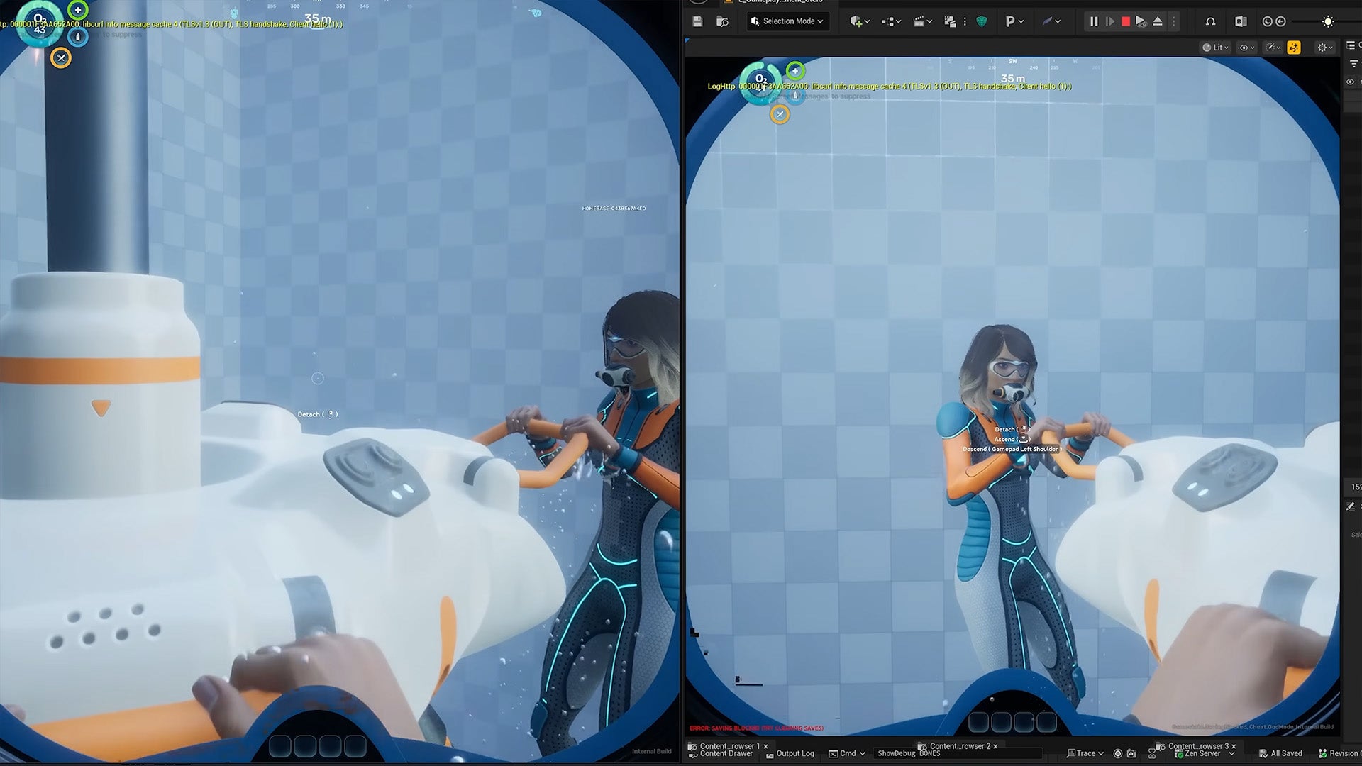 Image 1: Two players riding a dive elevator in a test area in Subnautica 2.