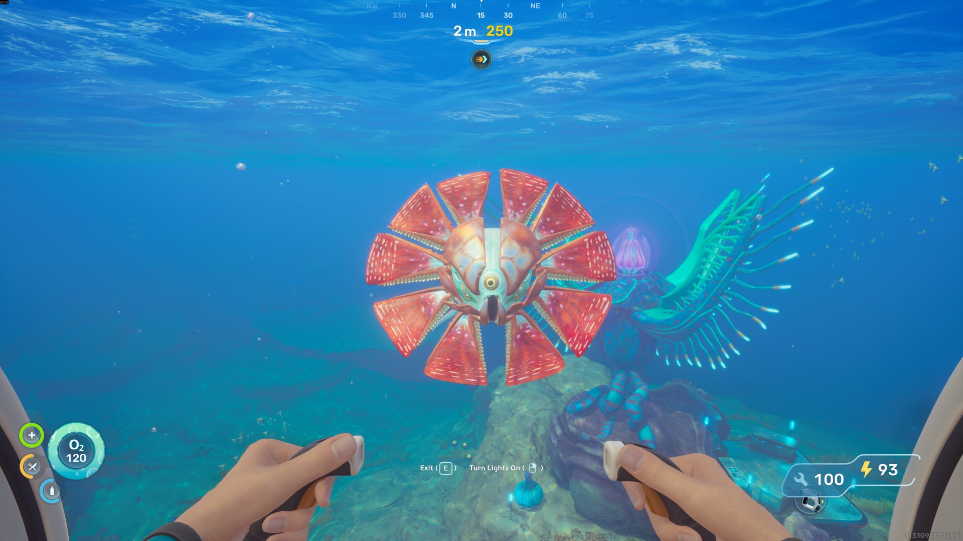 The player in Subnautica 2 pilots their Tadpole towards a startled and aggressive Hammerhead fish.