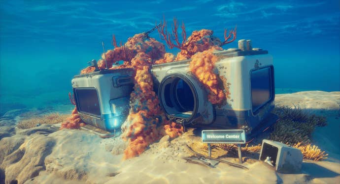 A derelict underwater situation is surrounded by coral.