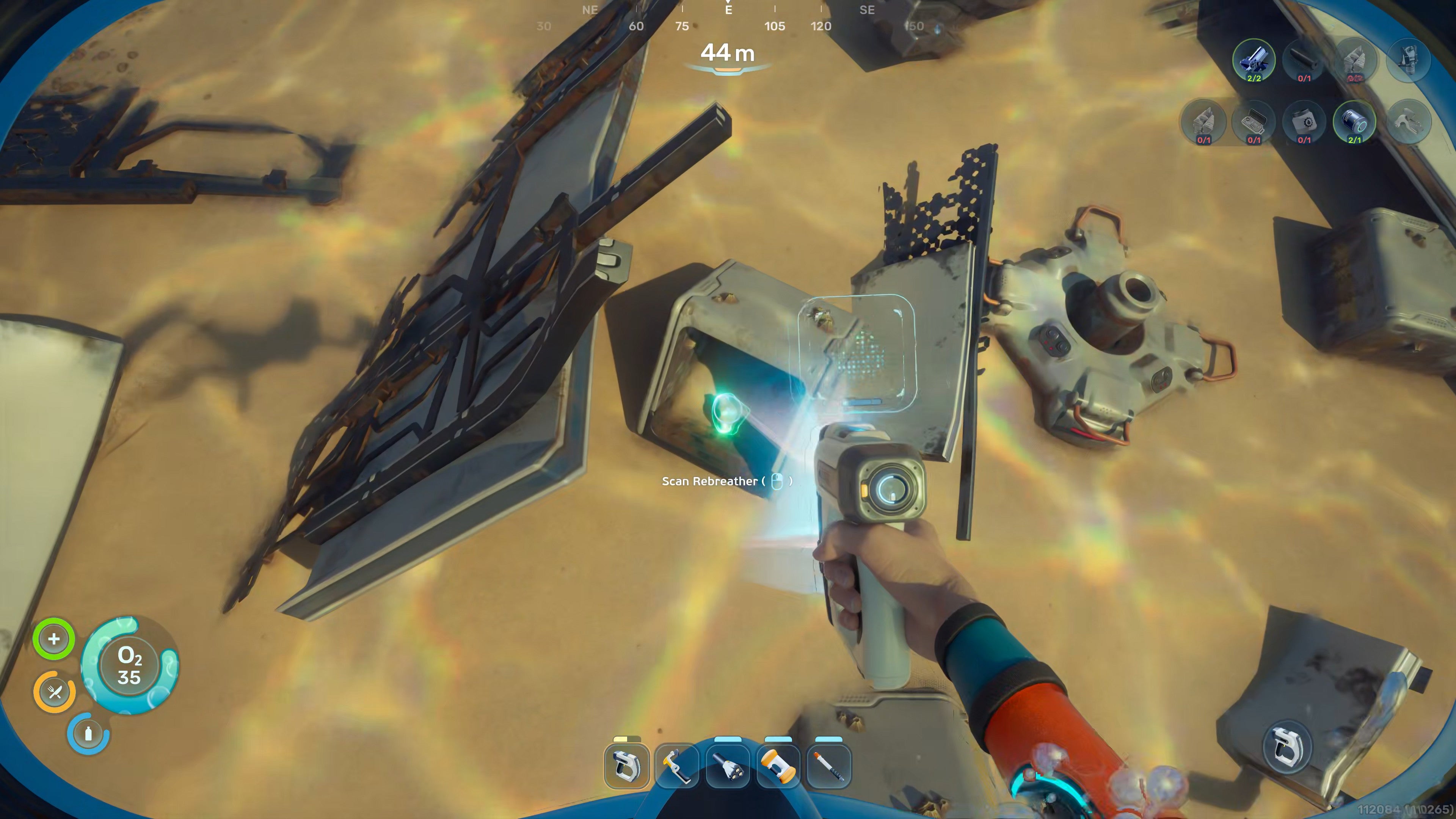 The player in Subnautica 2 uses their Scanner tool to scan a Rebreather inside a crate amid some underwater wreckage.