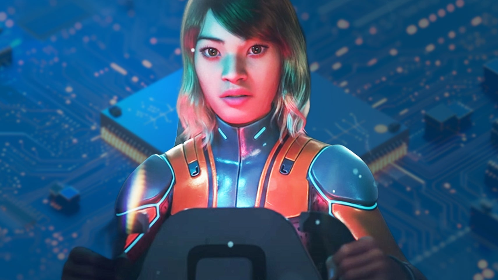 Subnautica 2 custom header, with player character in front of an computer motherboard background.