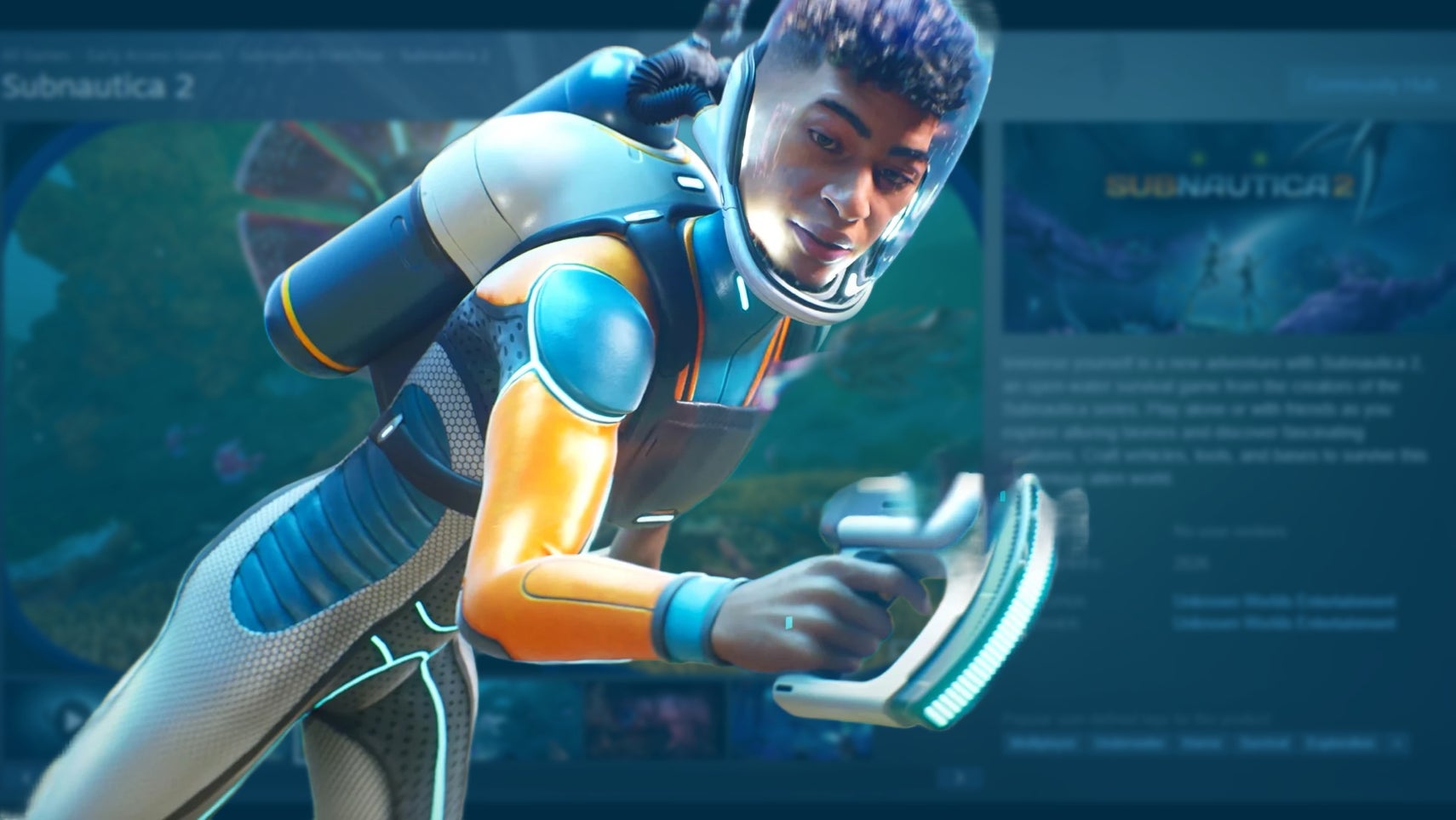 Subnautica 2 header image with character in diving suit, in front of the game's Steam page.