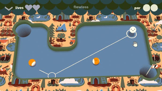 A blue pool-like table where a white ball is being aimed at two orange ones in Subpar Pool