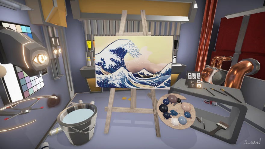 A painting of Hokusai’s The Wave on a space ship in SuchArt.