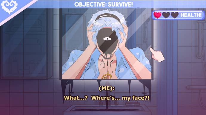 “D”, the protagonist of Sucker For Love, stares in horror into the bathroom mirror at the result of one of his many body horror moments.