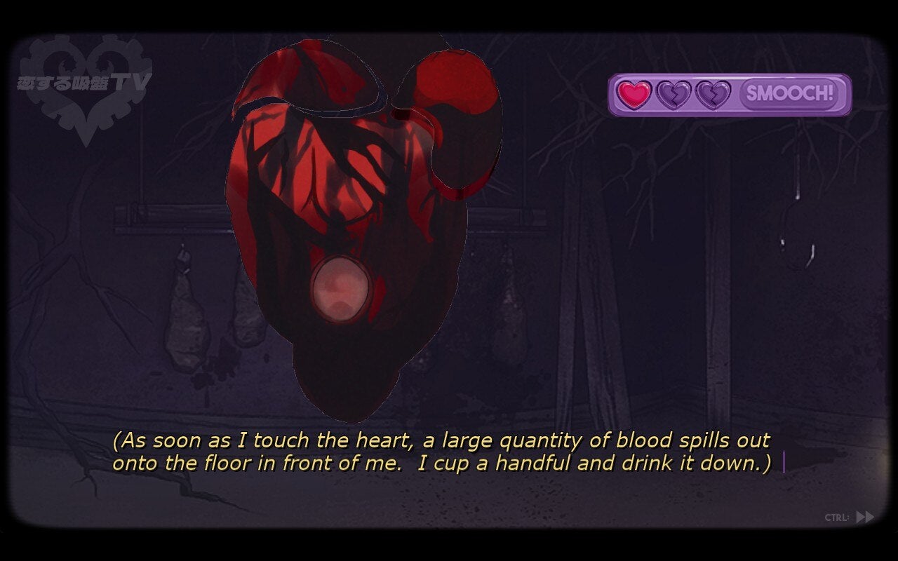 A gigantic red bloody heart hangs from an unseen point on a basement ceiling. The text describes the protagonist drinking the blood dripping from it. - 6