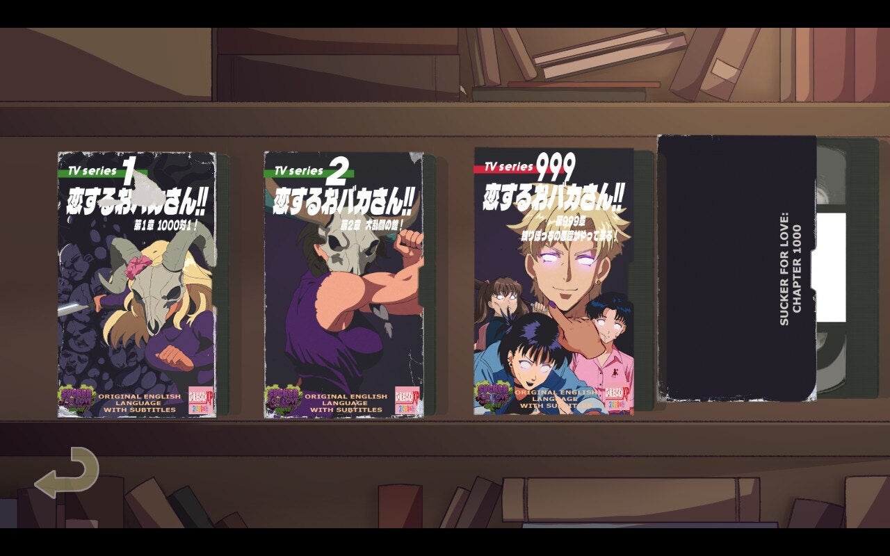 A shelf of VHS tapes with '90s anime covers, which acts as the chapter select menu in Sucker for Love: Date to Die For. - 3