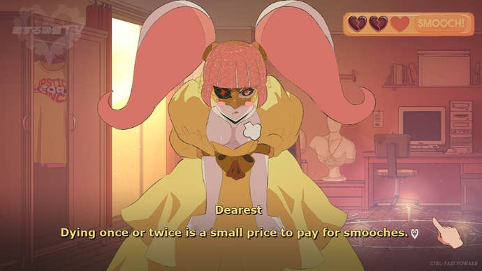 Estir, one of the love interests in Sucker For Love, pouting at the player. Caption reads “Dying once or twice is a small price to pay for smooches!"