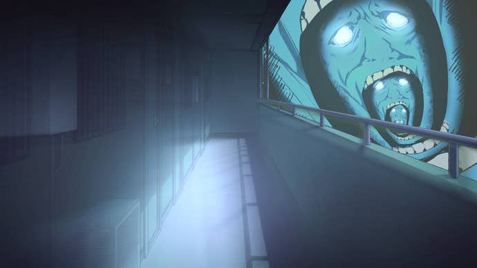 The exterior of the protagonist’s apartment in Sucker For Love, with screaming nightmare faces in the night sky above.