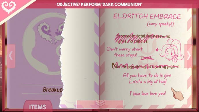 One of the ritual books from Sucker For Love. The “break-up” ritual page has been ripped out and replaced with a love note from Ln’eta.