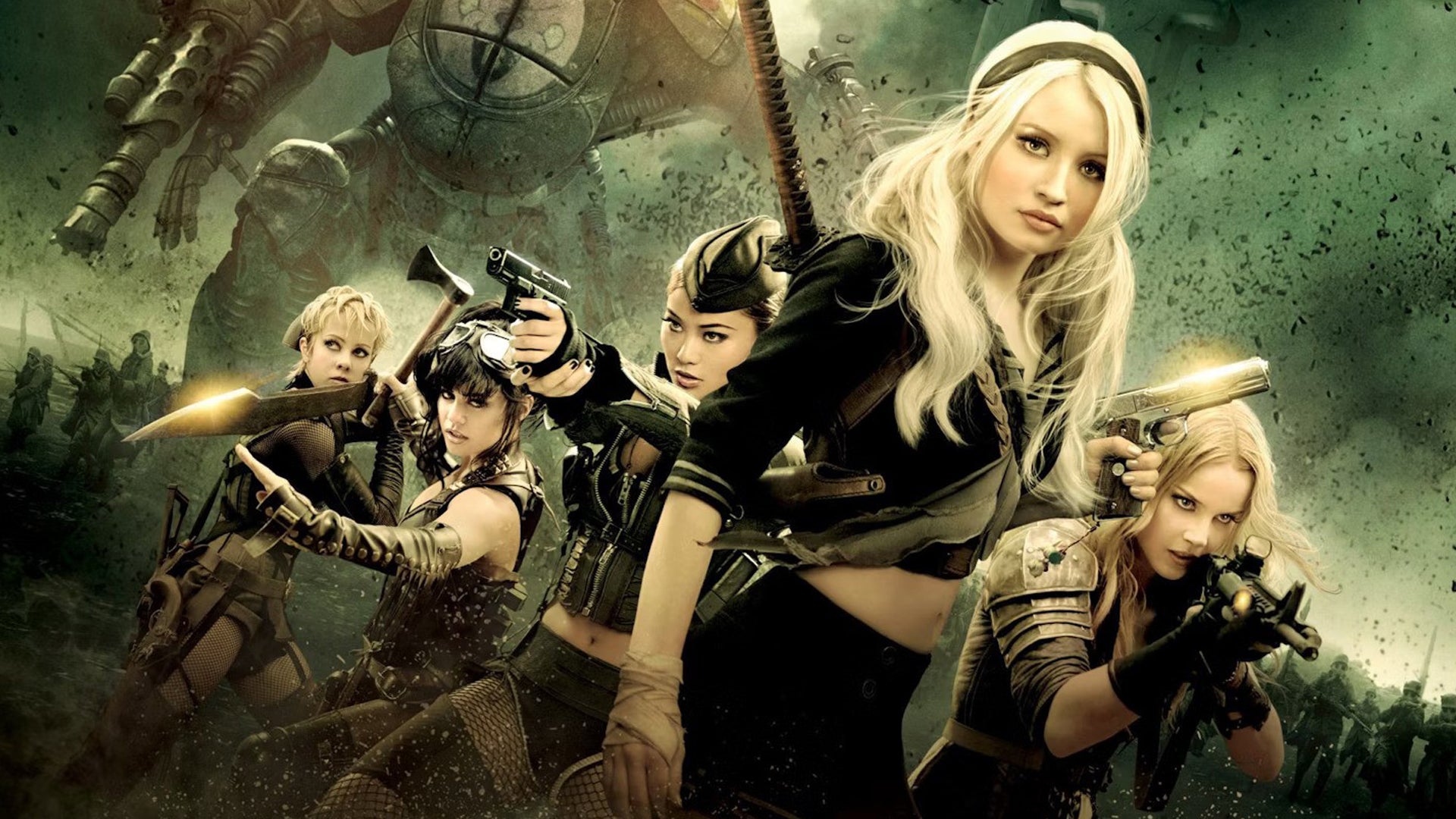 The main cast of Sucker Punch stood holding various weapons in front of a mech.