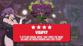 Rhok'zan rolls her eyes at the Sucker for Love: Date to Die For logo above the review template. 4-stars, caption: "A stylish visual novel that finds the right balance between horror and love story".