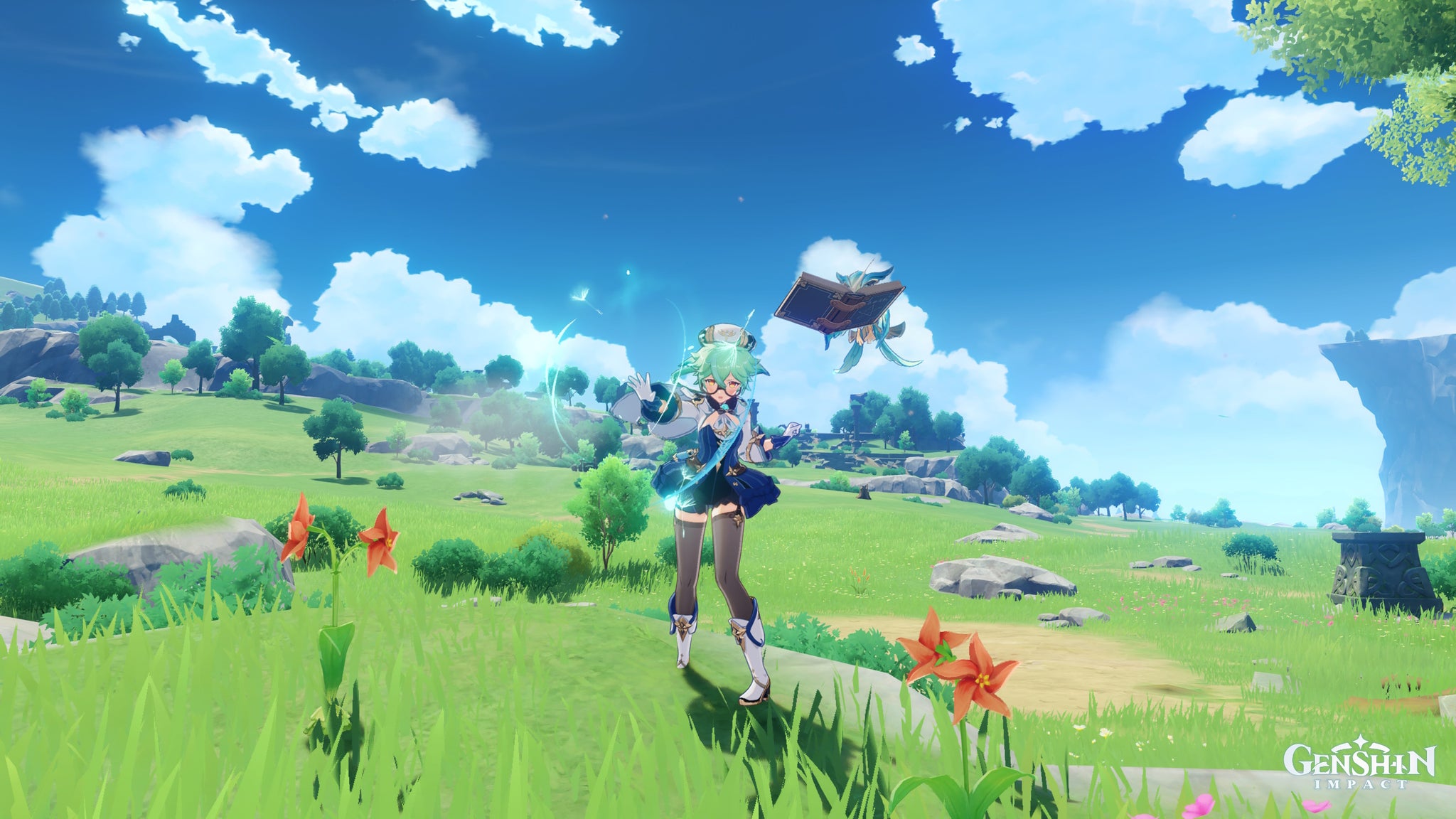 Genshin Impact Sucrose materials: An anime girl with short green hair, wearing a blue and white cap and onesie, is standing in the middle of a vibrant green field. Flowers surround her, and she's creating a small green whirlwind with her right hand. - 4