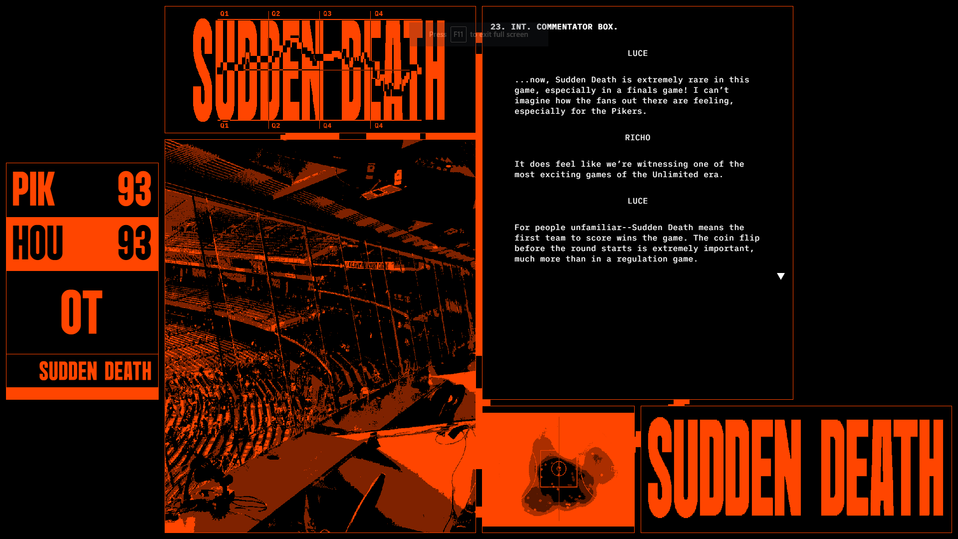 SUDDEN DEATH is a free slice of interactive fiction about love, drugs, and Australian football