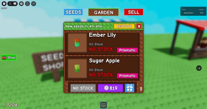 The seed menu in Grow A Garden, showing Ember Lily and Sugar Apple both out of stock.