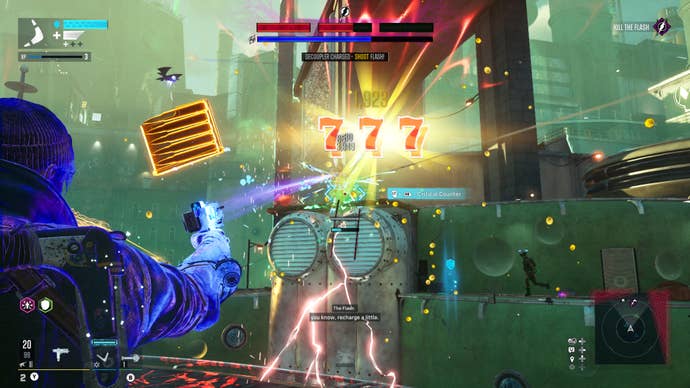 Captain Boomerang shoots an enemy, with the numbers “777” popping out of them in Suicide Squad.