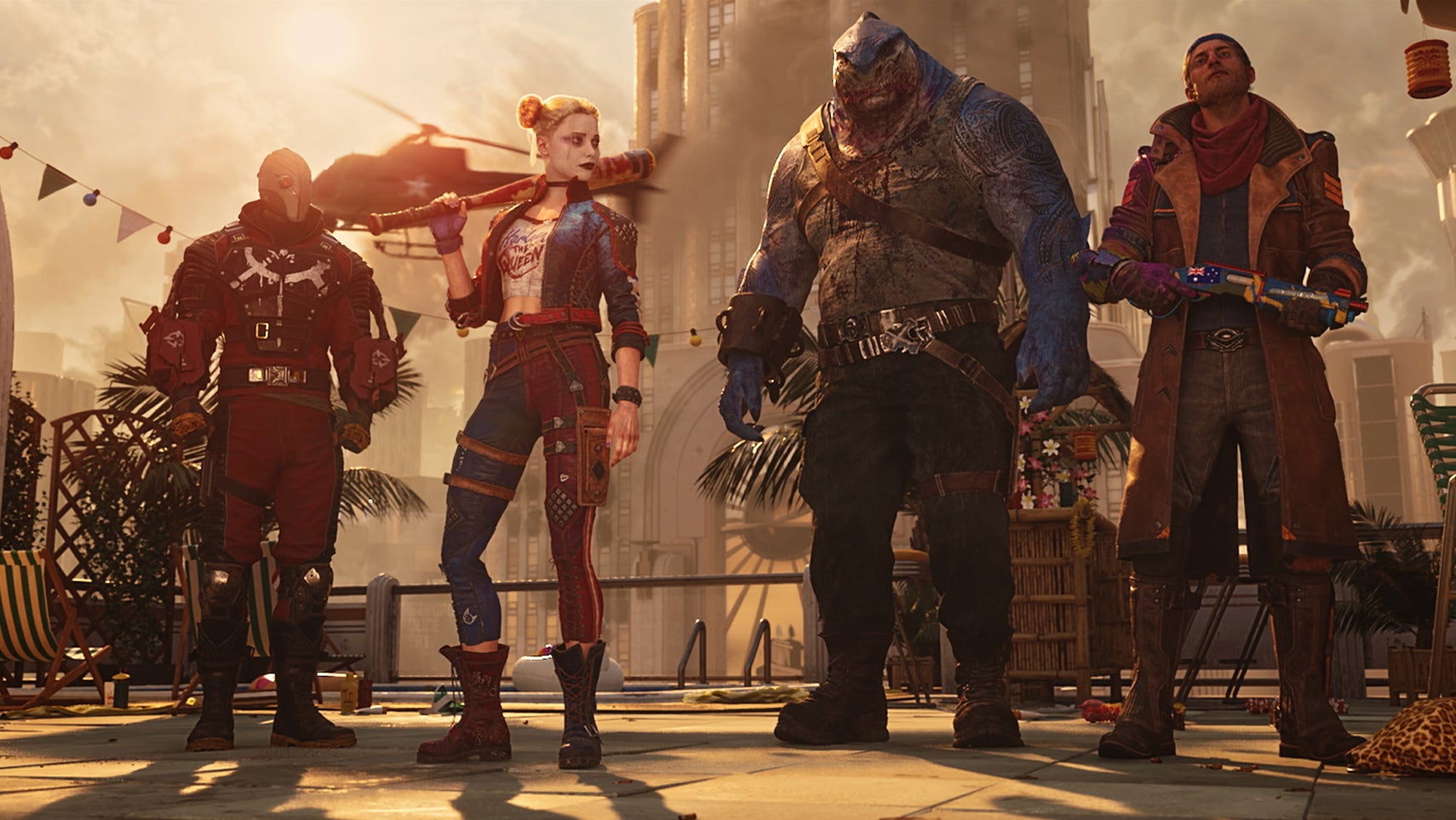 A still from Suicide Squad: Kill the Justice League showing from left to right: Deadshot, Harley Quinn, King Shark, and Captain Boomerang, all stood on a rooftop. - 1