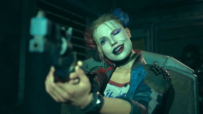 Harley Quinn aiming down the sights of her pistol in Suicide Squad: Kill the Justice League